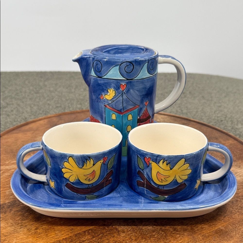 Herman Dodge & Son Tea Set Tray Teapot 2 cups Blue Ceramic Folk Art Love Birds